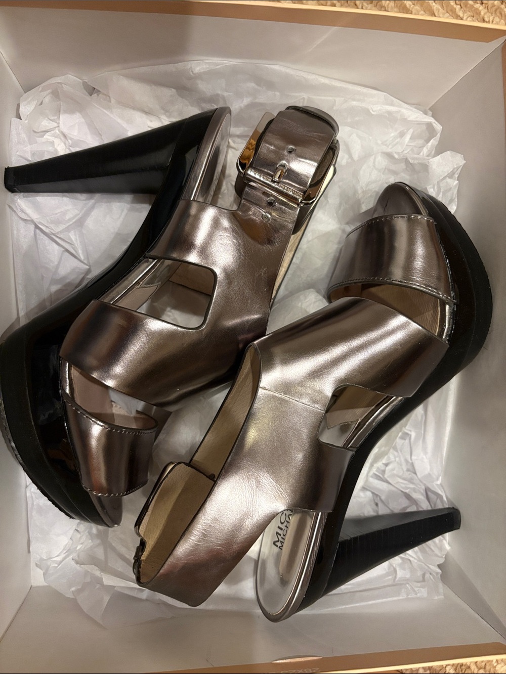 Michael Kors Silver Metallic Platform Heels with Buckle